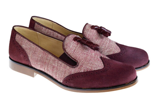 ZAPATO DE NIÑO COMUNIÓN MOCASIN MOÑAS ANTE Y LINO GRANATE - Imagen 2