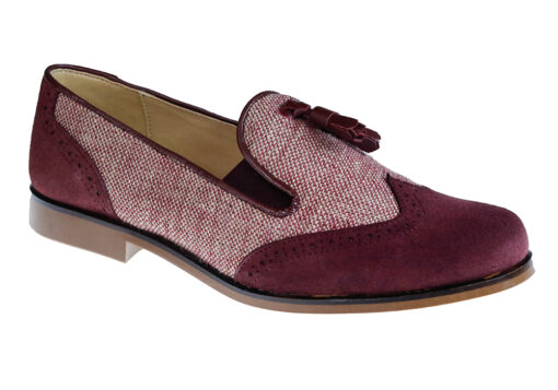ZAPATO DE NIÑO COMUNIÓN MOCASIN MOÑAS ANTE Y LINO GRANATE