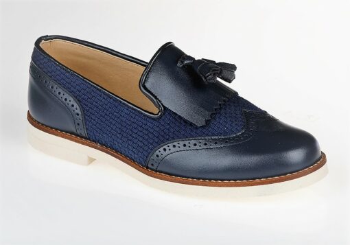 ZAPATO DE NIÑO COMUNIÓN PIEL Y LINO MARINO MOÑAS